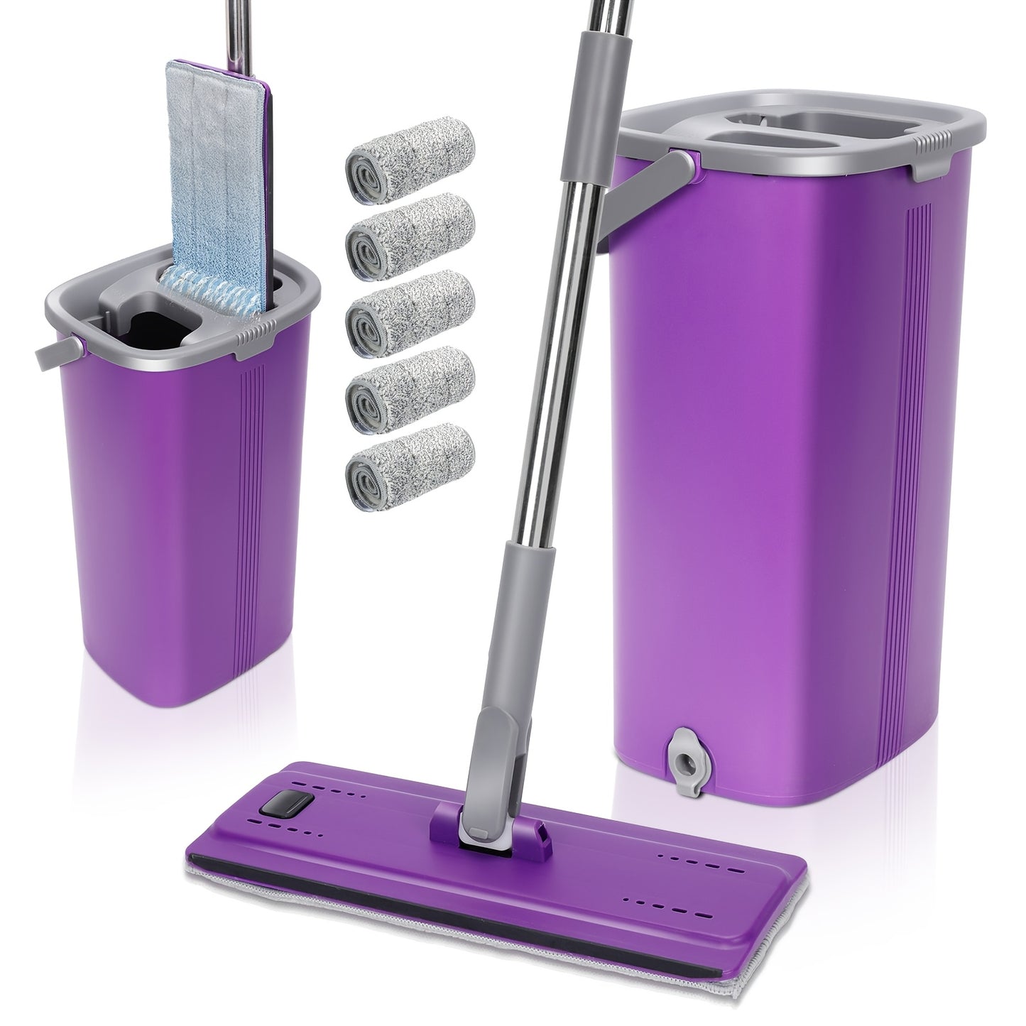 Sistema Mop Piatto con Secchio e 5 Panni in Microfibra - Testa Rotante 360° per Pulizia Pavimenti