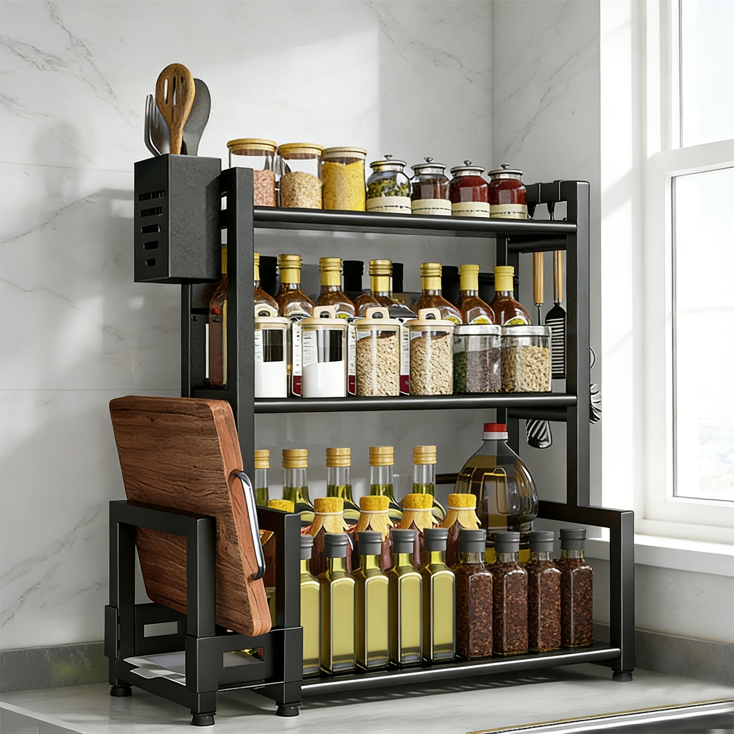 Portaspezie da Cucina 3 Ripiani in Metallo Nero - Organizer da Banco con Porta Utensili