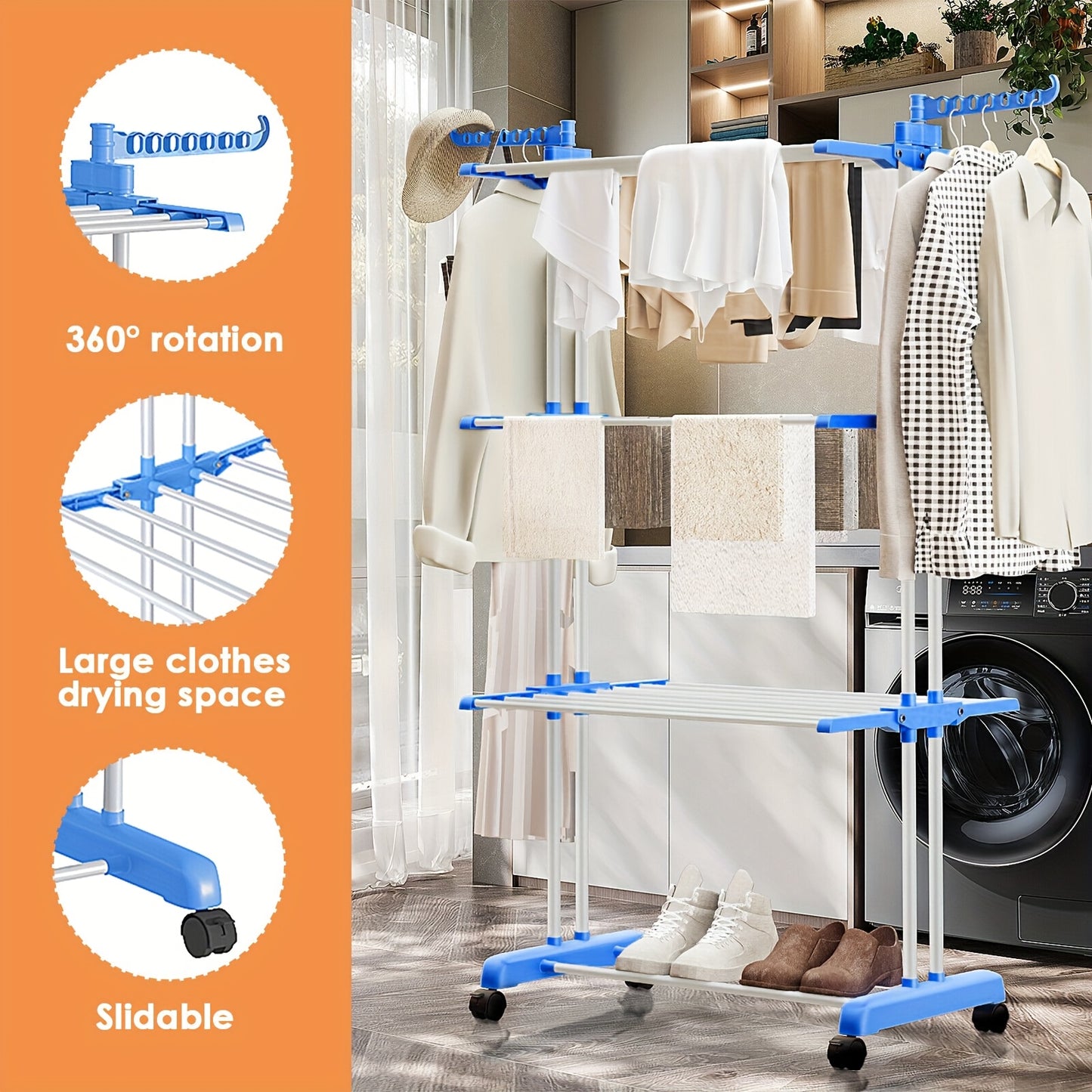 Folding Stainless Steel Multi-Level Spotless Clothes Rack with Wheels 2 Plastic Holders with 7 Holes Each Ideal for Reduced Spaces