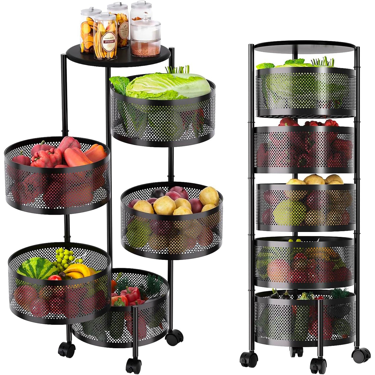 Carrello Pieghevole Multifunzione AVILIA con Ruote - 5 Cestelli Salvaspazio in Metallo, Nero