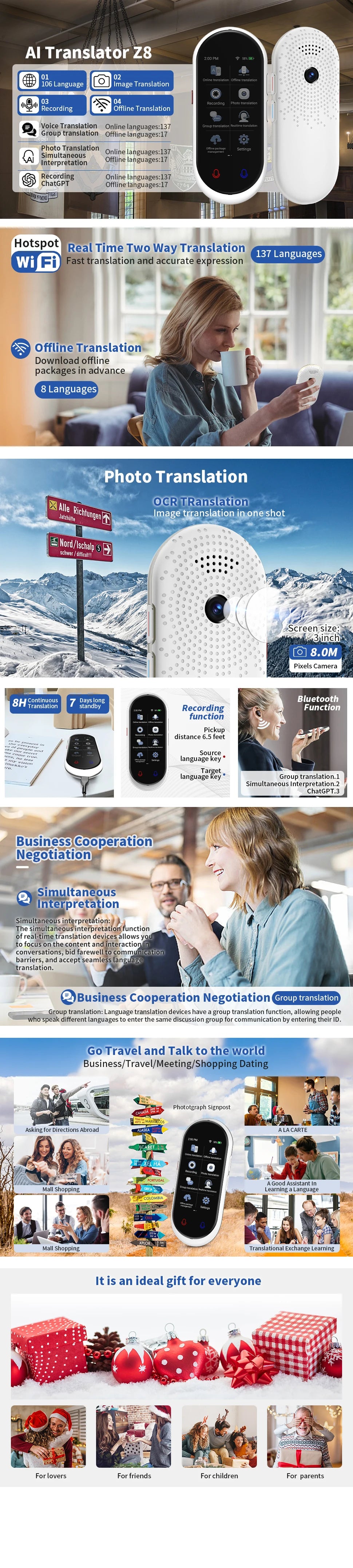 Z8 Instant Voice Translator Portable Real-time Translation Device with Photo Recording Group Chat for Travel Learning Meeting