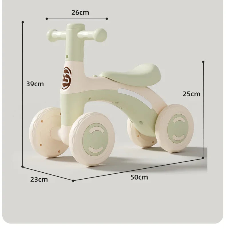 Anti-Tip Baby Balance Bike Ages 1-3 4-Wheel Silent Glider Walker Toy Toddler Training Ride-On with Safety Wheels Indoor Outdoor