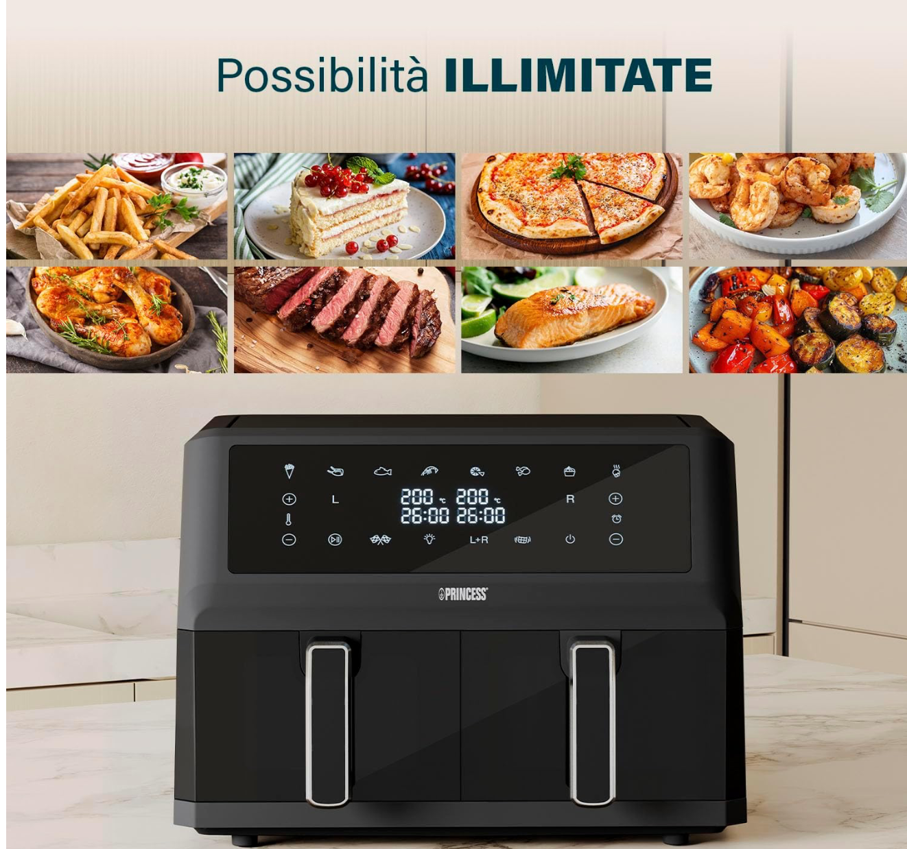 Princess XXL Friggitrice senza olio con doppio cestello - 11 L - Senza BPA e PFAS - 182276