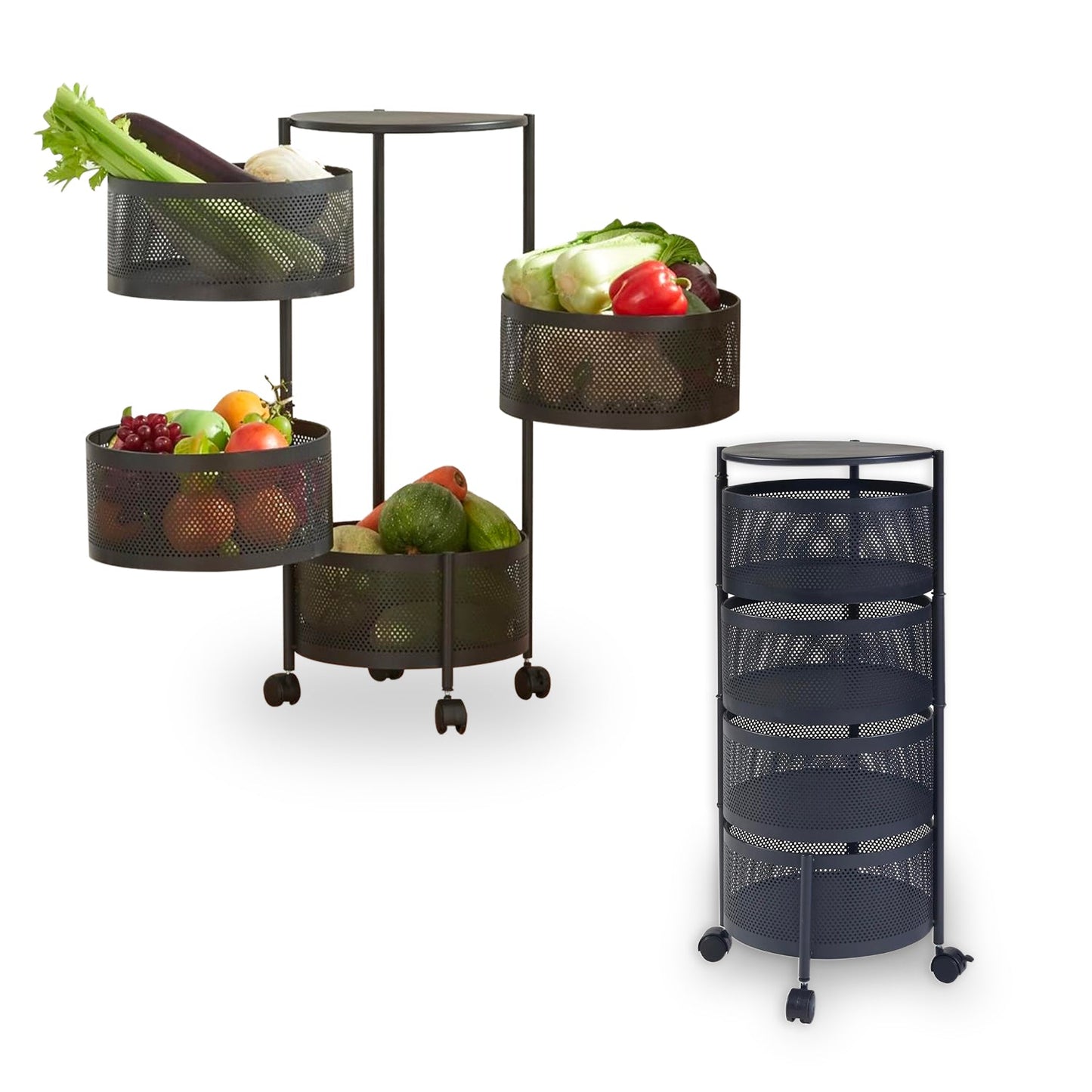 Carrello Pieghevole Multifunzione AVILIA con Ruote - 5 Cestelli Salvaspazio in Metallo, Nero