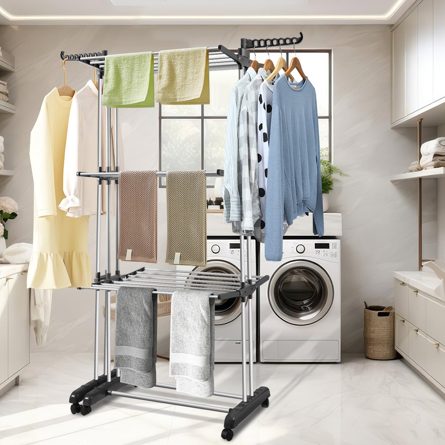 Stendibiancheria Torre Pieghevole 2 in 1 Estensibile 75-150 cm con 4 Livelli e Ruote