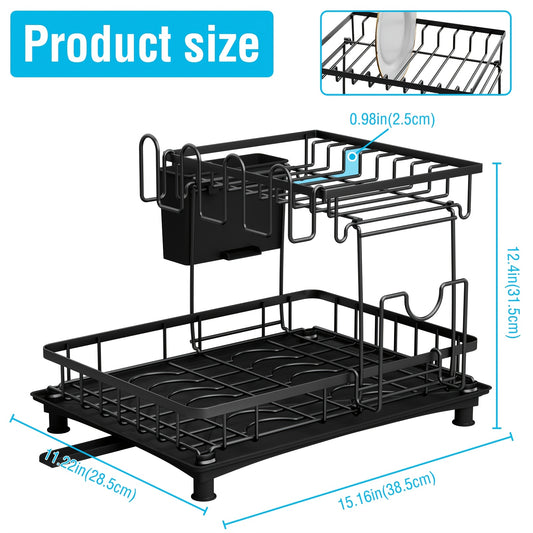 Scolapiatti 2 Ripiani con Vaschetta Raccogligocce - Porta Posate e Bicchieri Salvaspazio