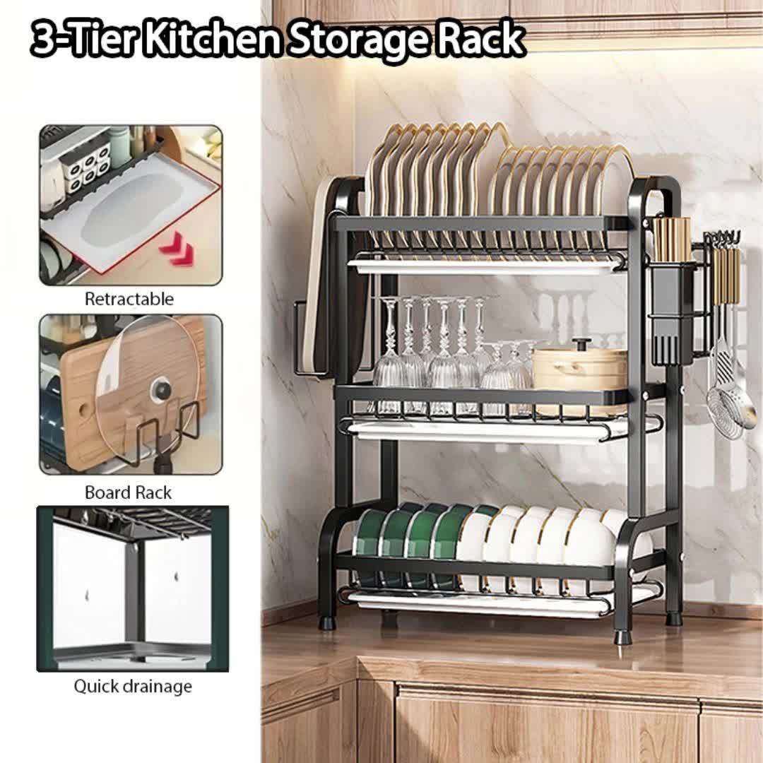 3-Tier Dish Drying Rack Dish Organizer Compact Kitchen Dish Rack Drainboard Set Dish Drainer with Utensil Holder