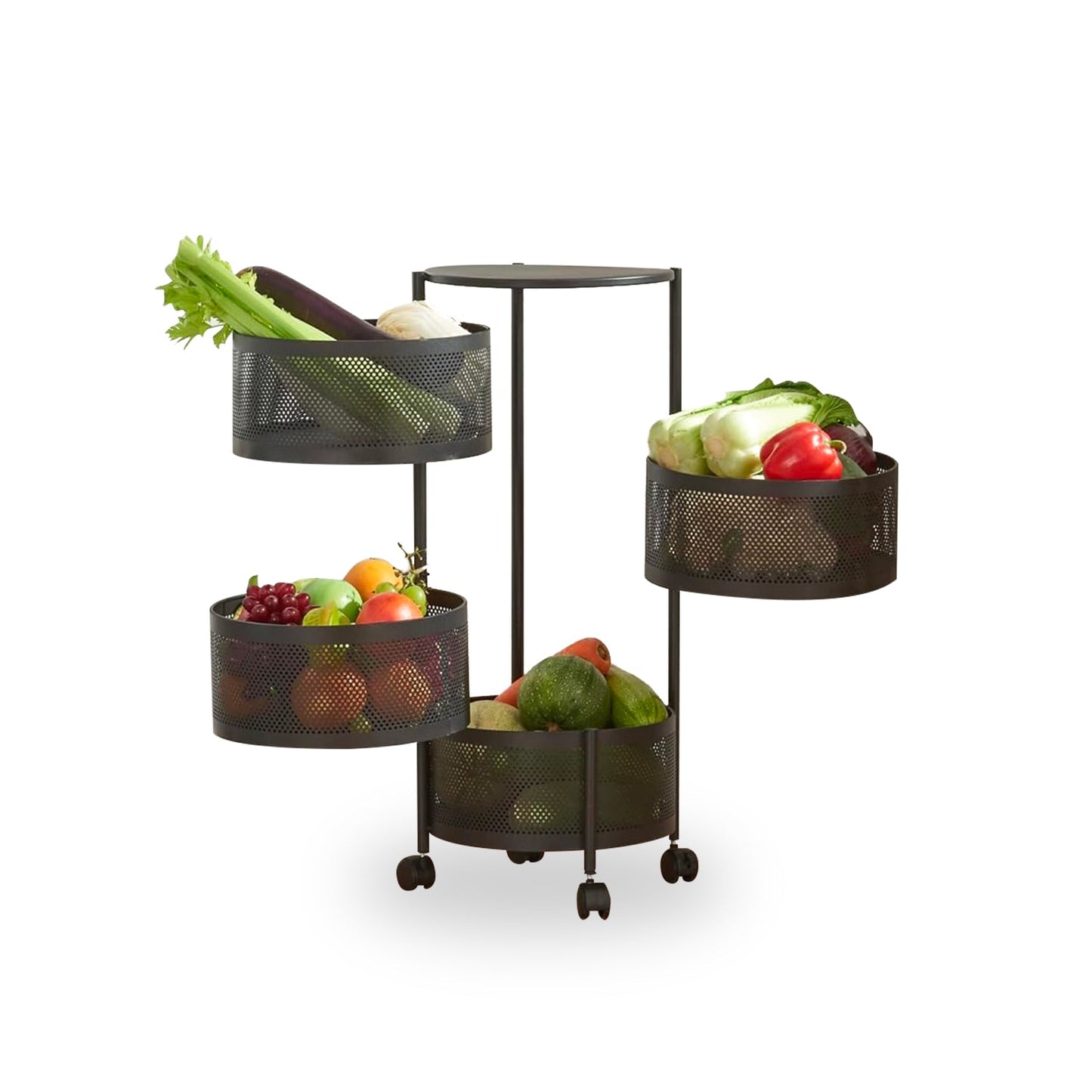 Carrello Pieghevole Multifunzione AVILIA con Ruote - 5 Cestelli Salvaspazio in Metallo, Nero