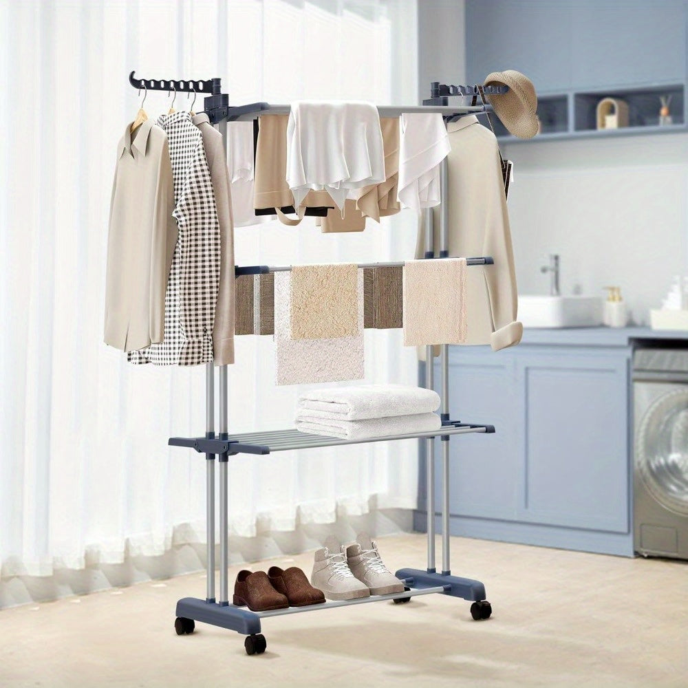 Folding Stainless Steel Multi-Level Spotless Clothes Rack with Wheels 2 Plastic Holders with 7 Holes Each Ideal for Reduced Spaces