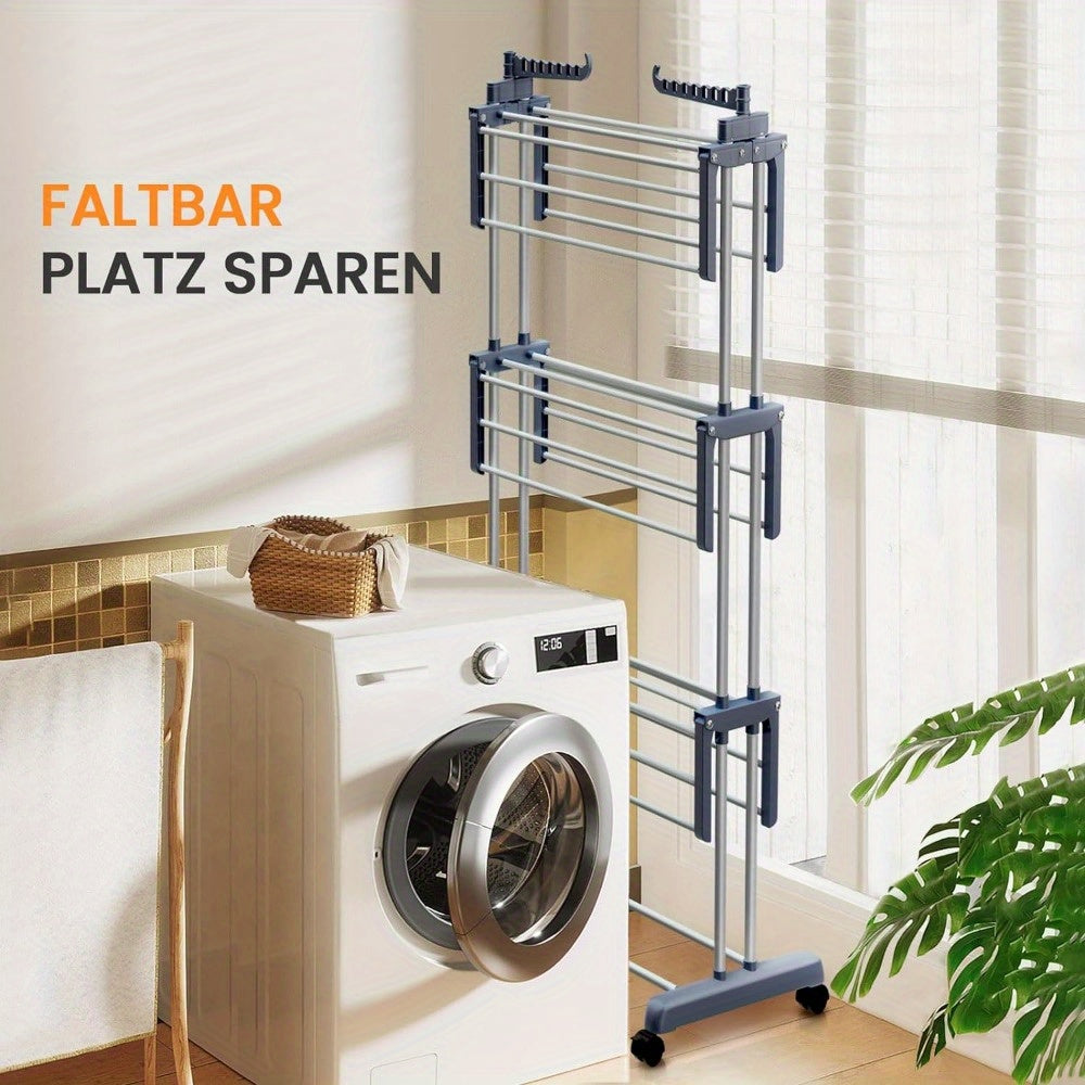 Folding Stainless Steel Multi-Level Spotless Clothes Rack with Wheels 2 Plastic Holders with 7 Holes Each Ideal for Reduced Spaces