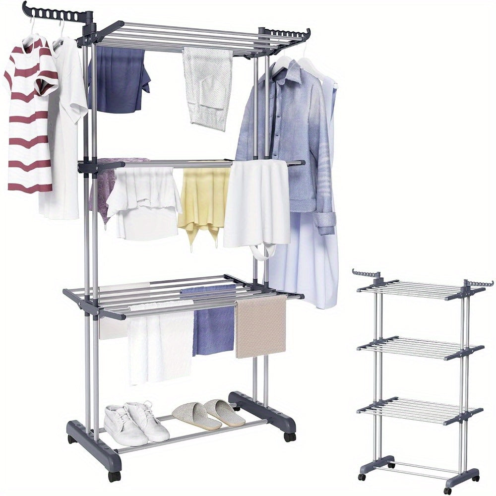 Folding Stainless Steel Multi-Level Spotless Clothes Rack with Wheels 2 Plastic Holders with 7 Holes Each Ideal for Reduced Spaces