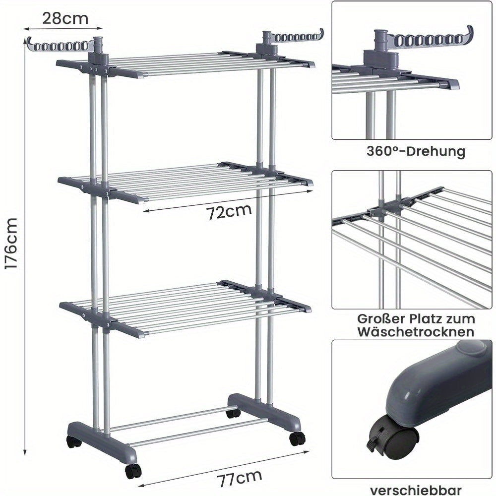 Folding Stainless Steel Multi-Level Spotless Clothes Rack with Wheels 2 Plastic Holders with 7 Holes Each Ideal for Reduced Spaces