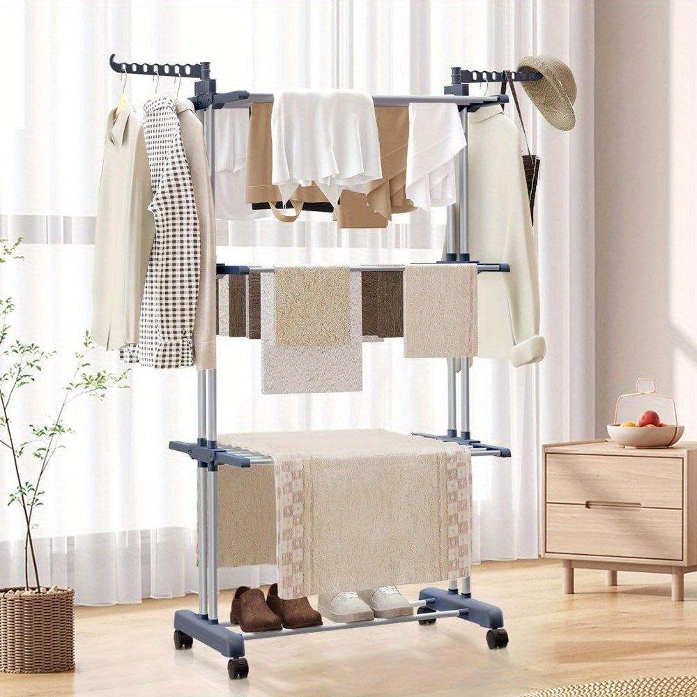 Folding Stainless Steel Multi-Level Spotless Clothes Rack with Wheels 2 Plastic Holders with 7 Holes Each Ideal for Reduced Spaces