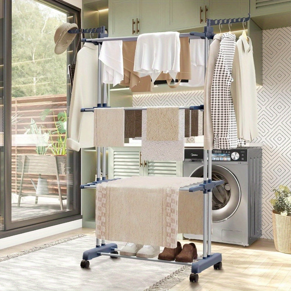 Folding Stainless Steel Multi-Level Spotless Clothes Rack with Wheels 2 Plastic Holders with 7 Holes Each Ideal for Reduced Spaces
