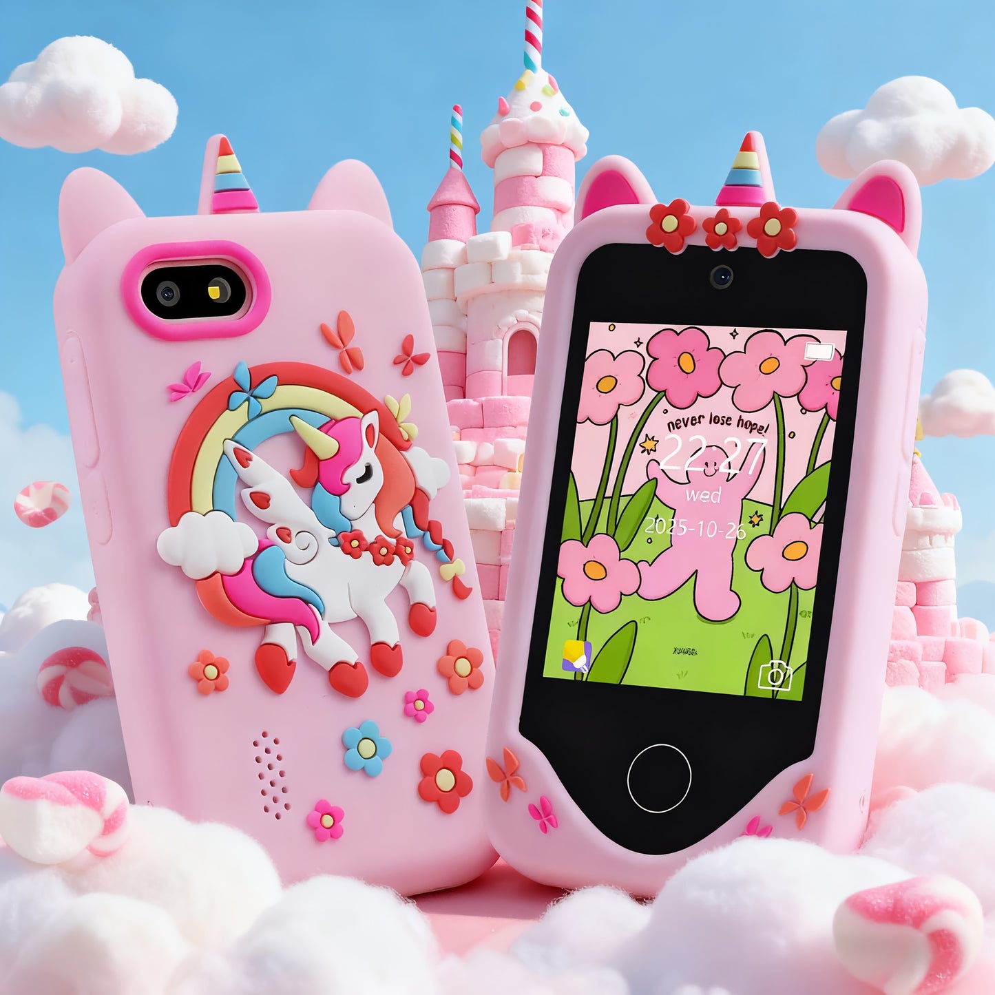 Telefono Giocattolo Bambini 2.8" Touch Screen Unicorno Rosa con Fotocamera e Giochi