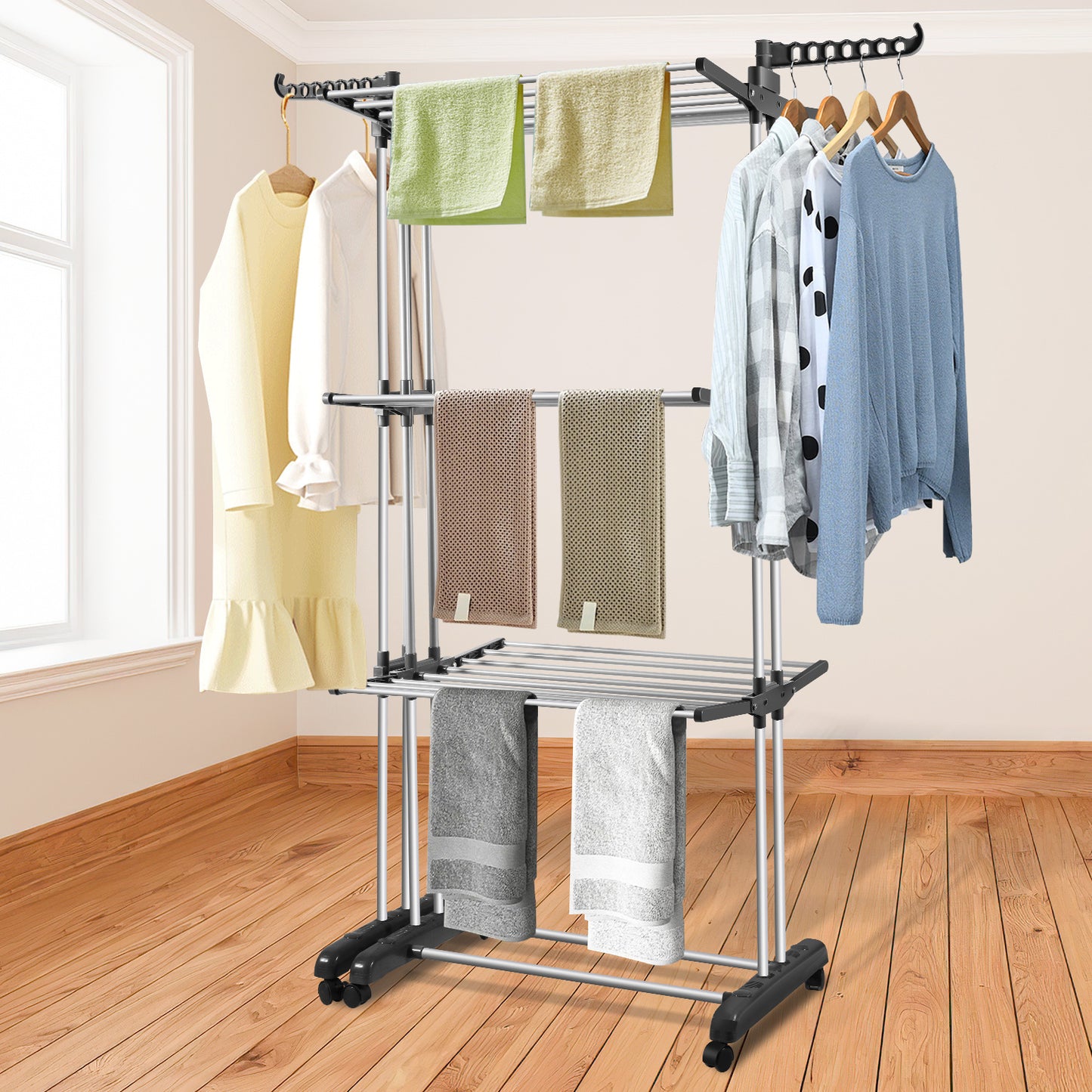 Stendibiancheria Torre Pieghevole 2 in 1 Estensibile 75-150 cm con 4 Livelli e Ruote