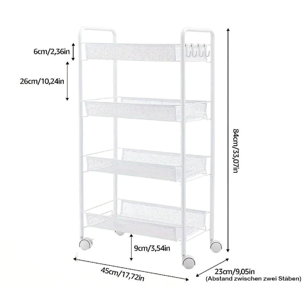 Carrello 4 Ripiani con Ruote Girevoli 360° - Capacità 40kg - Ripiani Regolabili per Cucina Bagno Ufficio