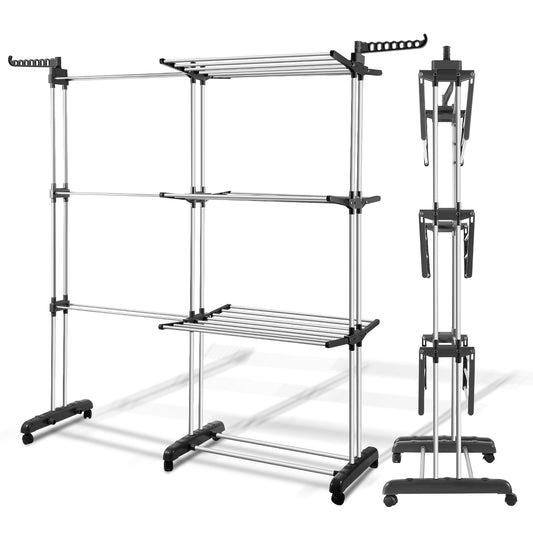 Stendibiancheria Torre Pieghevole 2 in 1 Estensibile 75-150 cm con 4 Livelli e Ruote