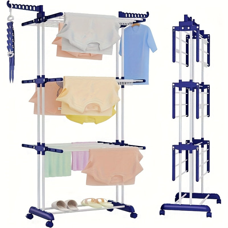 Stendibiancheria Pieghevole 3 Ripiani con Ruote - 172cm Metallo Resistente 24 Aste