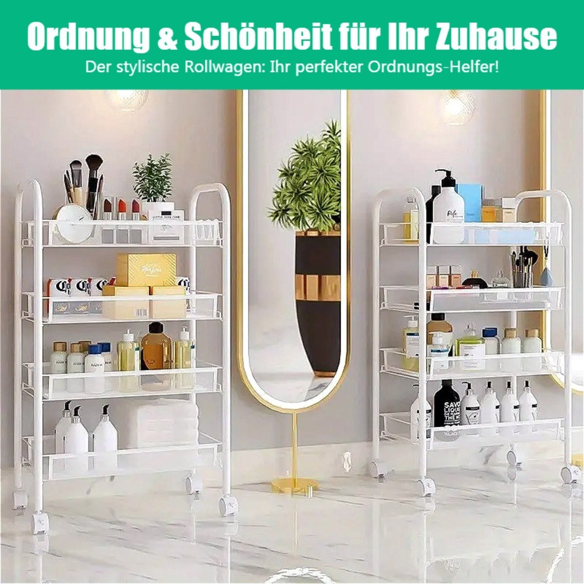 Carrello 4 Ripiani con Ruote Girevoli 360° - Capacità 40kg - Ripiani Regolabili per Cucina Bagno Ufficio