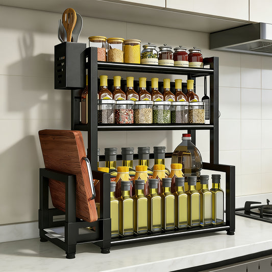 Portaspezie da Cucina 3 Ripiani in Metallo Nero - Organizer da Banco con Porta Utensili