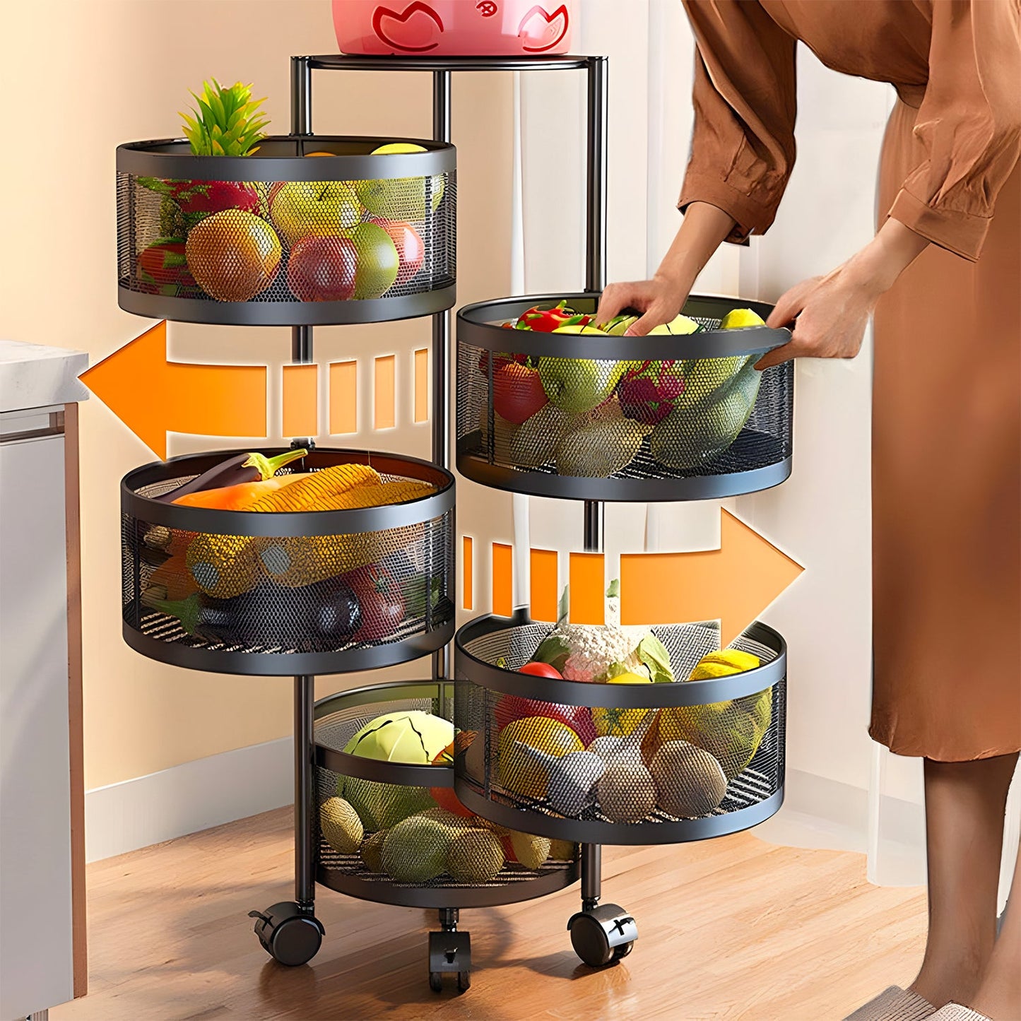 Carrello Pieghevole Multifunzione AVILIA con Ruote - 5 Cestelli Salvaspazio in Metallo, Nero