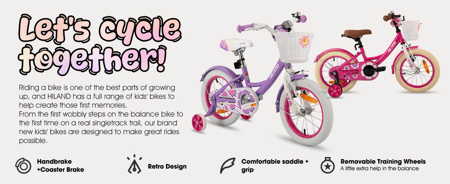 HILAND Girls Bike for Toddlers and Kids Ages 2-7 Years Old, 12 14 16 Inch Kids Bike for Boy and Girl with Training Wheels Basket