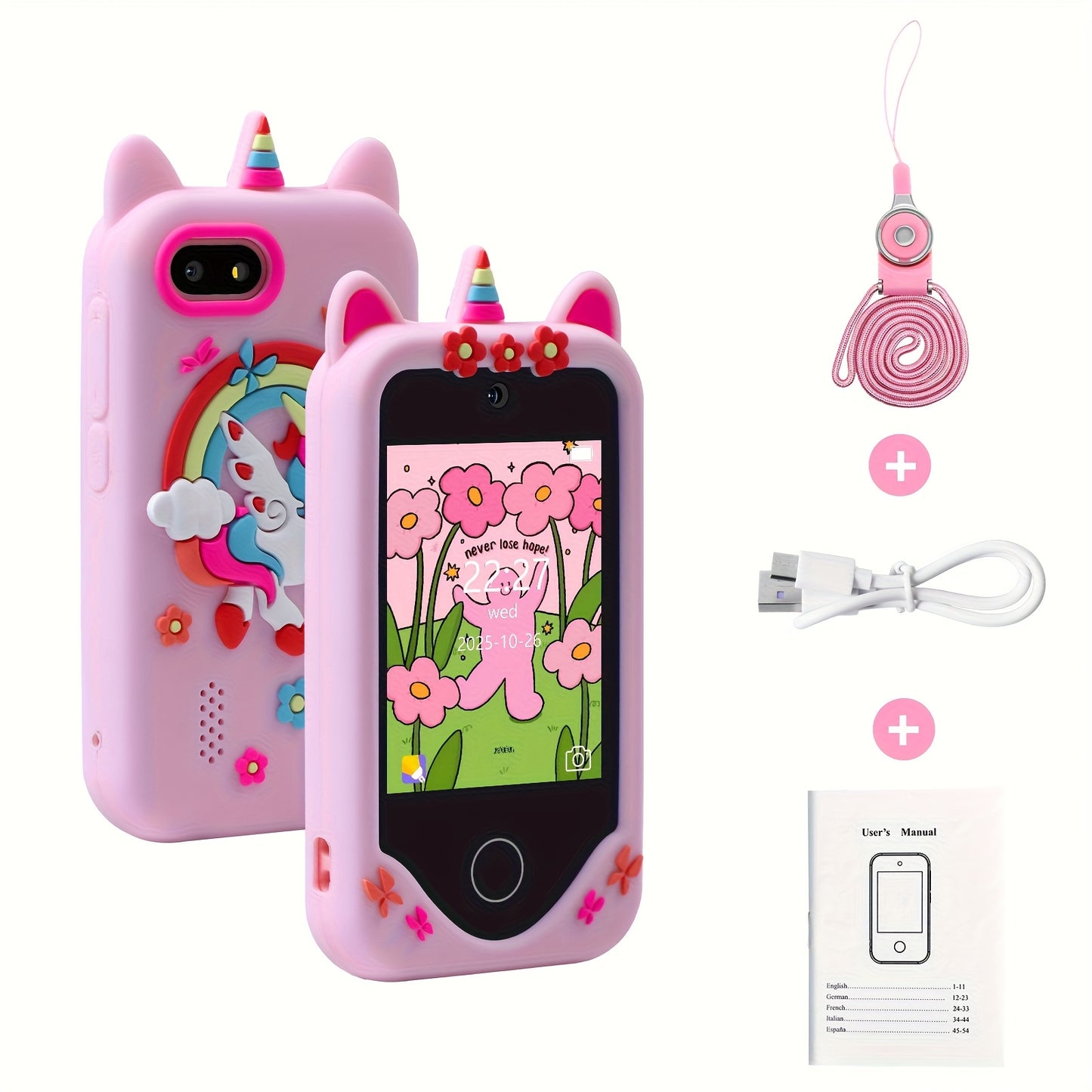 Telefono Giocattolo Bambini 2.8" Touch Screen Unicorno Rosa con Fotocamera e Giochi