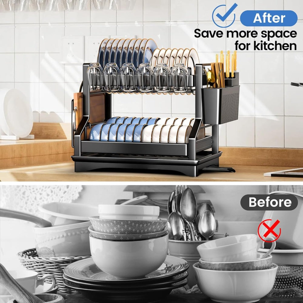 3-Tier 2-tier Kitchen Dish Rack Dish Drying Rack Drainboard Set Rust-Proof Dish Drainer with Utensil Holder Dinnerware Storage