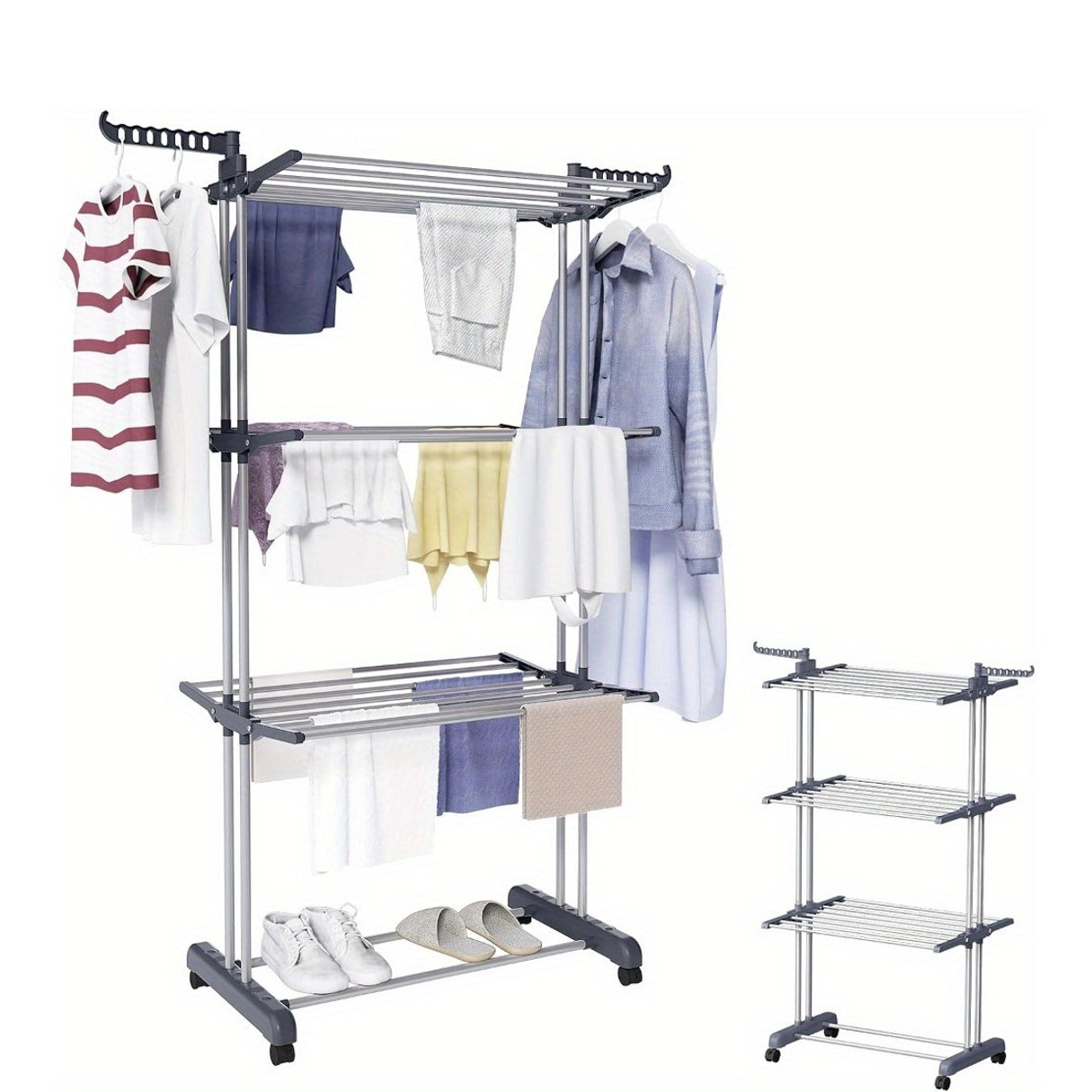 Folding Stainless Steel Multi-Level Spotless Clothes Rack with Wheels 2 Plastic Holders with 7 Holes Each Ideal for Reduced Spaces