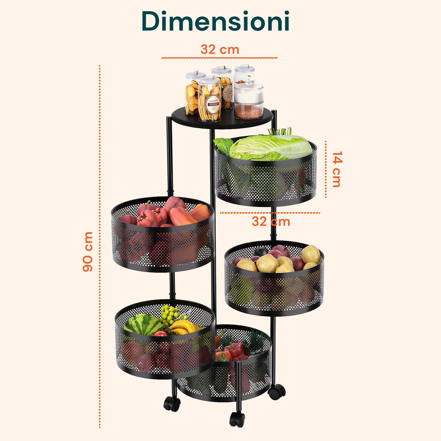 Carrello Pieghevole Multifunzione AVILIA con Ruote - 5 Cestelli Salvaspazio in Metallo, Nero