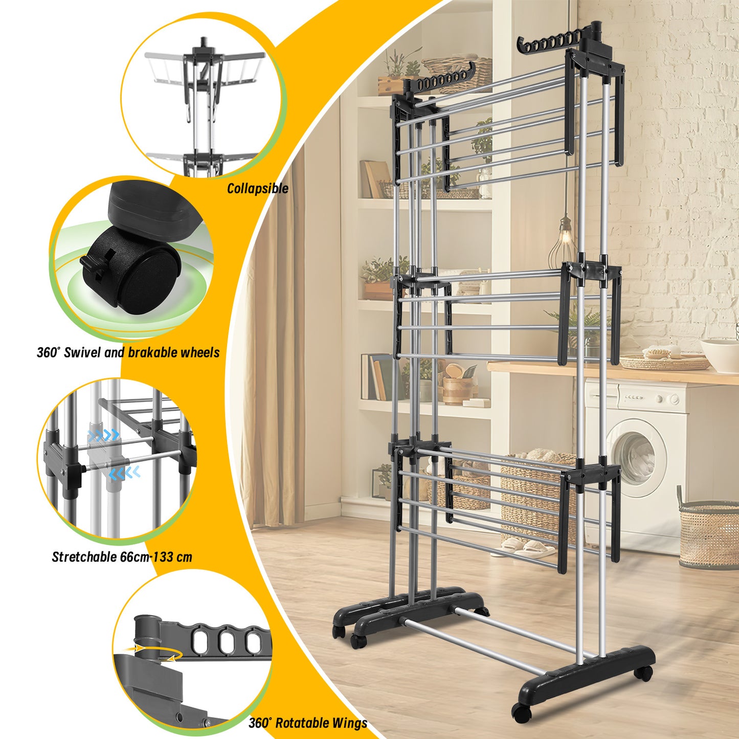 Stendibiancheria Torre Pieghevole 2 in 1 Estensibile 75-150 cm con 4 Livelli e Ruote