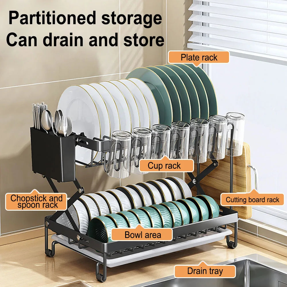 2 Layers Dish Drying Rack With Drainboard Household Dish Storage Holder Carbon Steel Sink Kitchen Organizer with Cutlery Holder