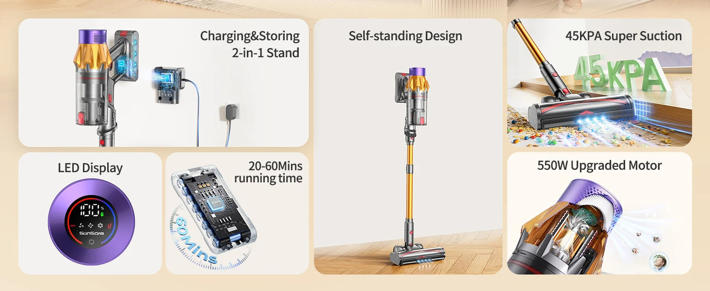 550W 45kPA Cordless Handheld Vacuum Cleaner Touch Screen Smart Dust Sensor Auto Speed Control for Pet Hair Home Carpet Clean