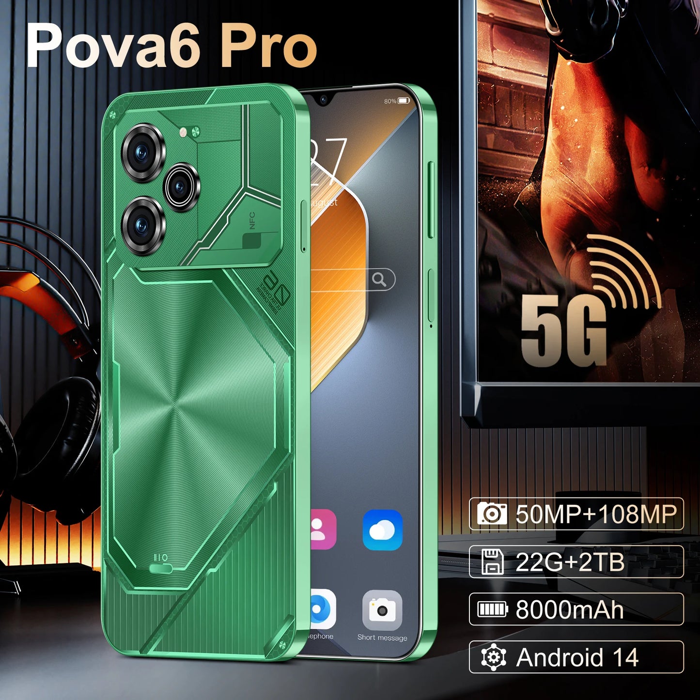 Global Pova 6 Pro Smartphone Schermo 7.3HD 22G + 2T Android14 10core 8000Mah Cellulare Dual Sim Face Sbloccato 5GMobile Phone NFC