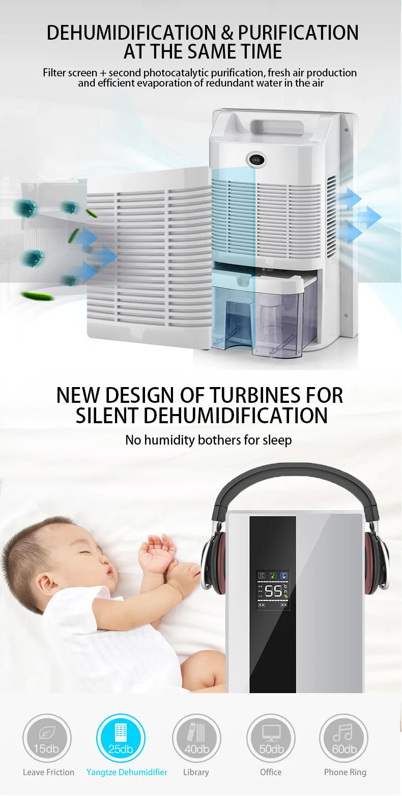 Dehumidifier and Air Purifier 2 in 1 Moisture Absorber Household Mute Bedroom Basement Remote Control Timing External Water Pipe