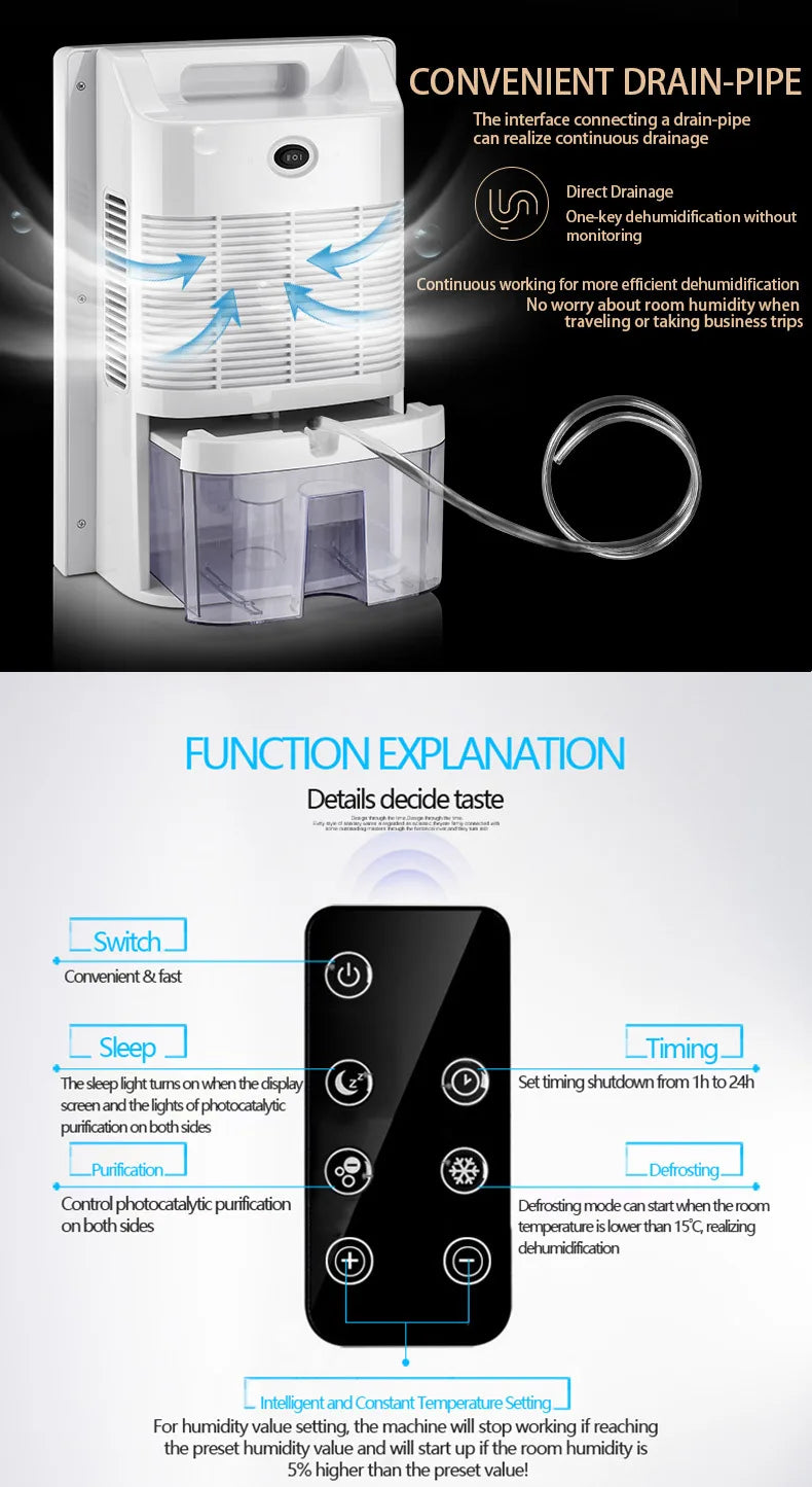 Dehumidifier and Air Purifier 2 in 1 Moisture Absorber Household Mute Bedroom Basement Remote Control Timing External Water Pipe