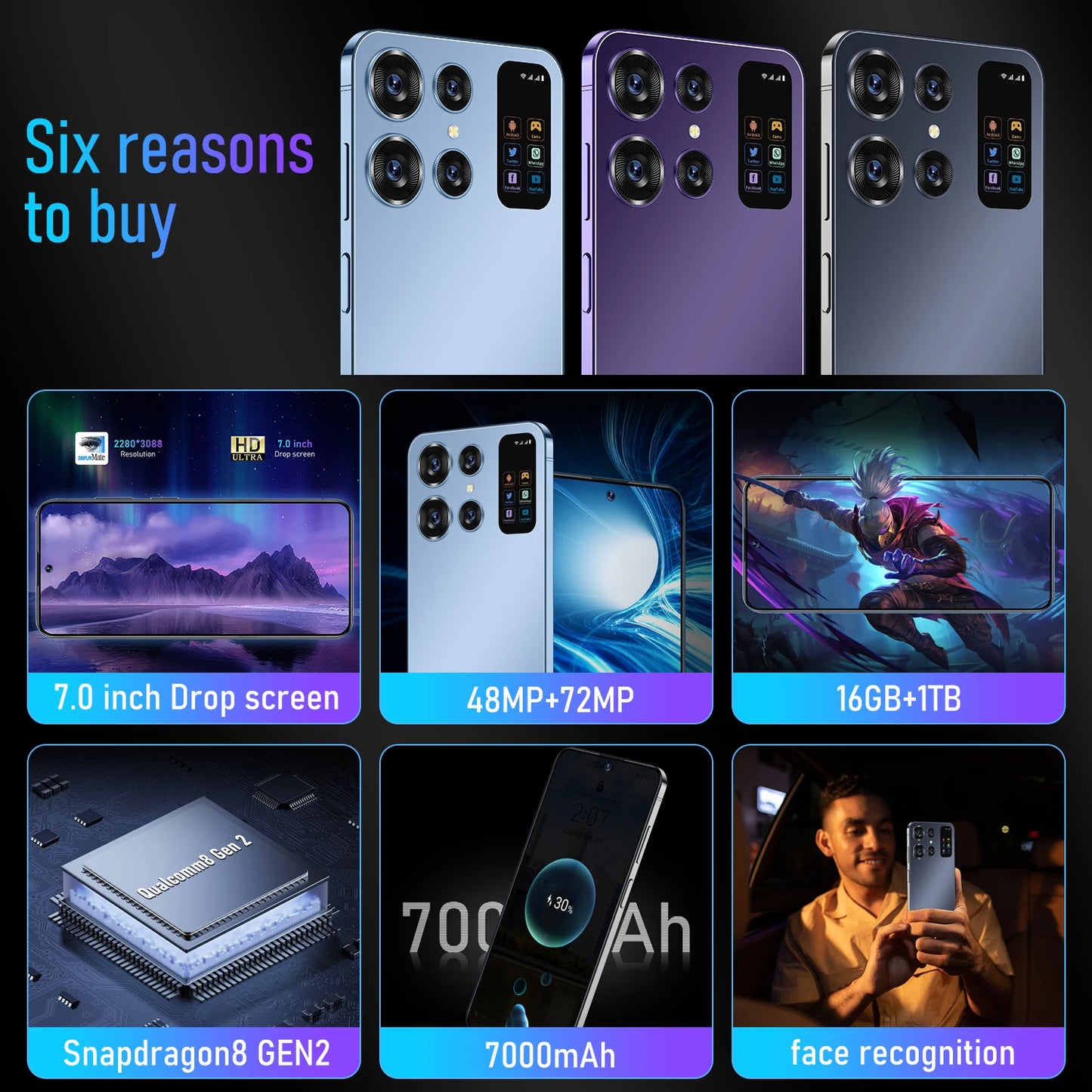 Versione globale S26 Ultra 7.0HD 48MP + 72MP Cellulari 22G + 2T Smartphone originale Dual SIM Android 14 7000mAh 5G Telefono