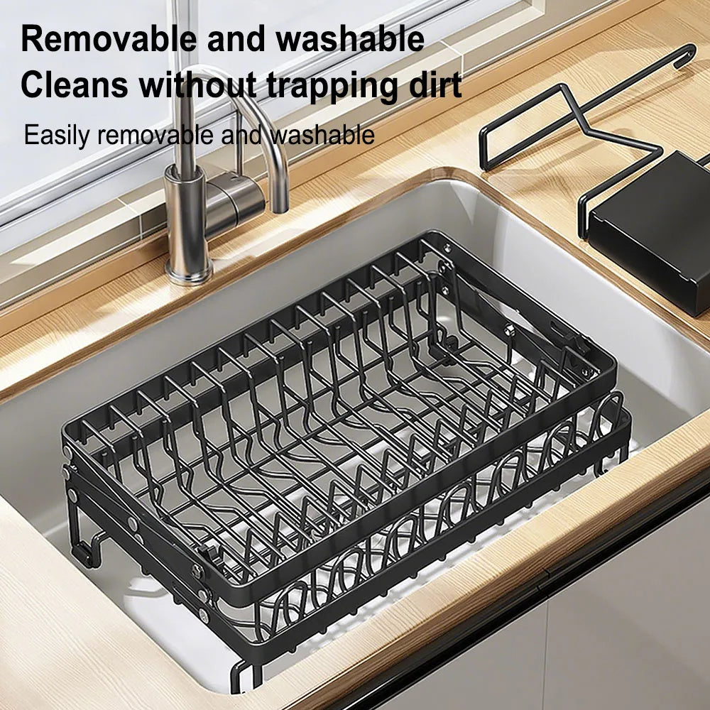2 Layers Dish Drying Rack With Drainboard Household Dish Storage Holder Carbon Steel Sink Kitchen Organizer with Cutlery Holder
