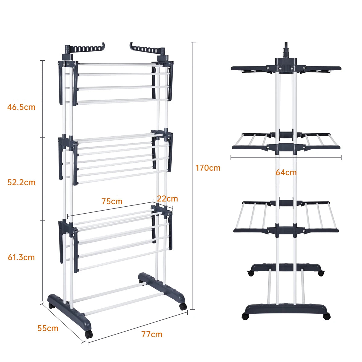 Folding Clothesline T-Lovendo Vertical Drying Rack with Wheels, 4 Levels, 170x77x64 cm, High Capacity up to 26 kg, Foldable and Compact for Indoor/Outdoor Use.