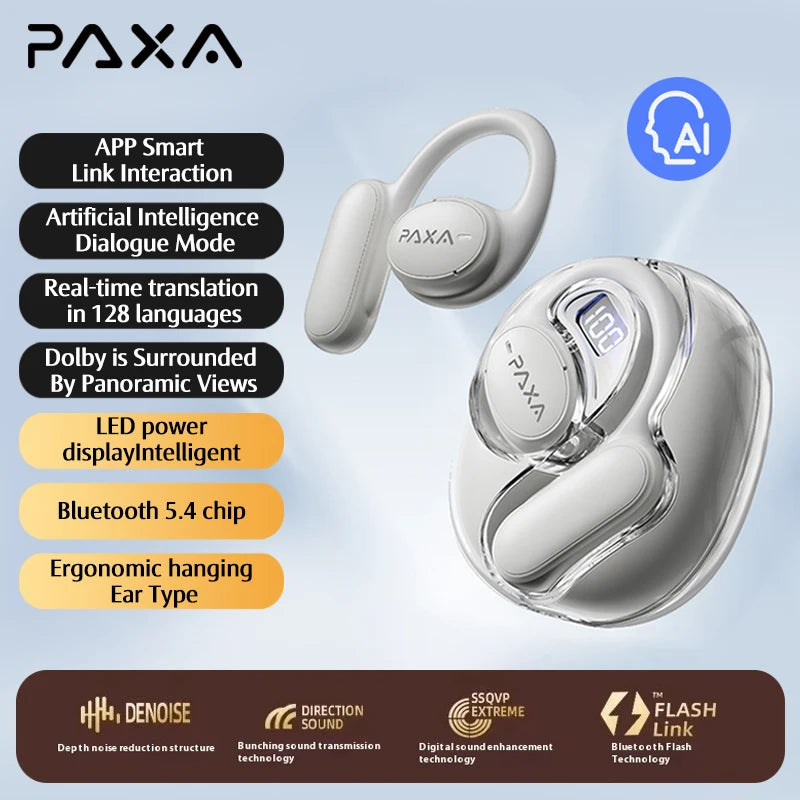 PAXA Openair5 AI Inteligente Inalámbrico Bluetooth 5.4 Headphones Alto Sonido Music Gaming Earphones HD Call AI Translation