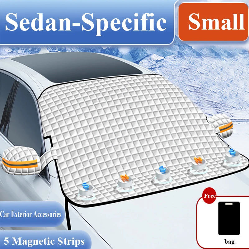 Car Half Cover Snow Shield 5 Magnetic Strips Thickened Waterproof UV Protection Sun Shade with Reflective Strips & Straps Auto E