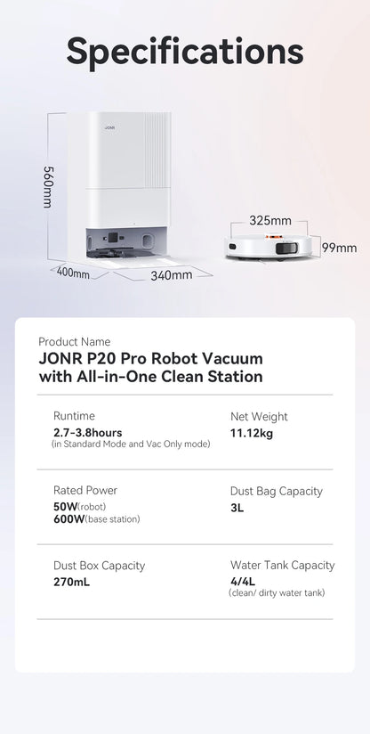 JONR P20 Pro Robot Vacuum Cleaner - 8000Pa Mop and Vacuum with Self-Cleaning Station