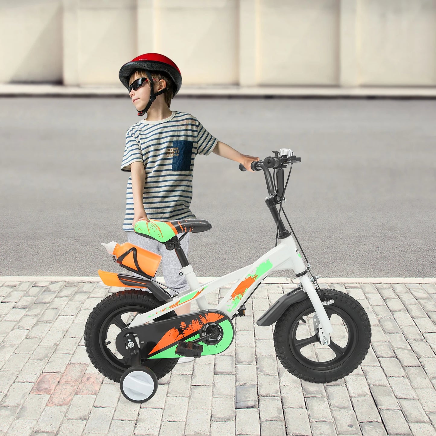 12 Inch Kids Bike Adjustable Beginner Children's Bicycle Load 50kg w/Training Wheels + Water Bottle for 2-5 Year Old, Blue/White