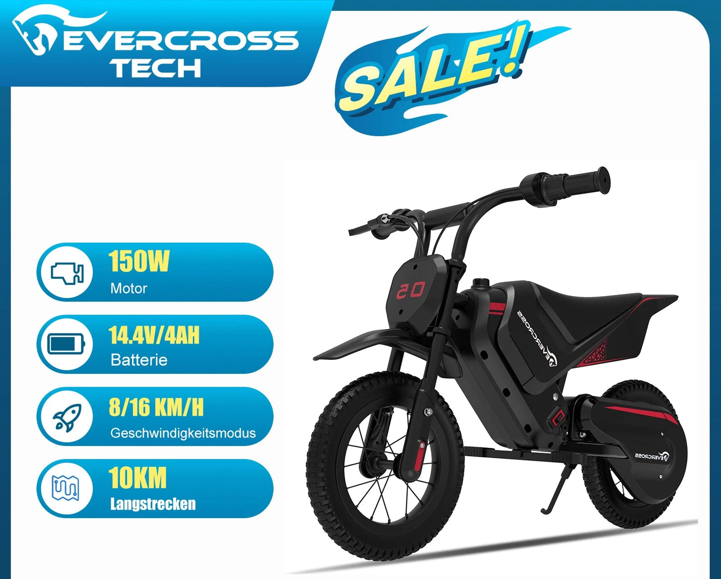 EVERCROSS TECH EV05M Electric Motorbike for children, 150W, speeds 8/16 km/h, battery life up to 10 km, Motorbike Cross 12 inches for