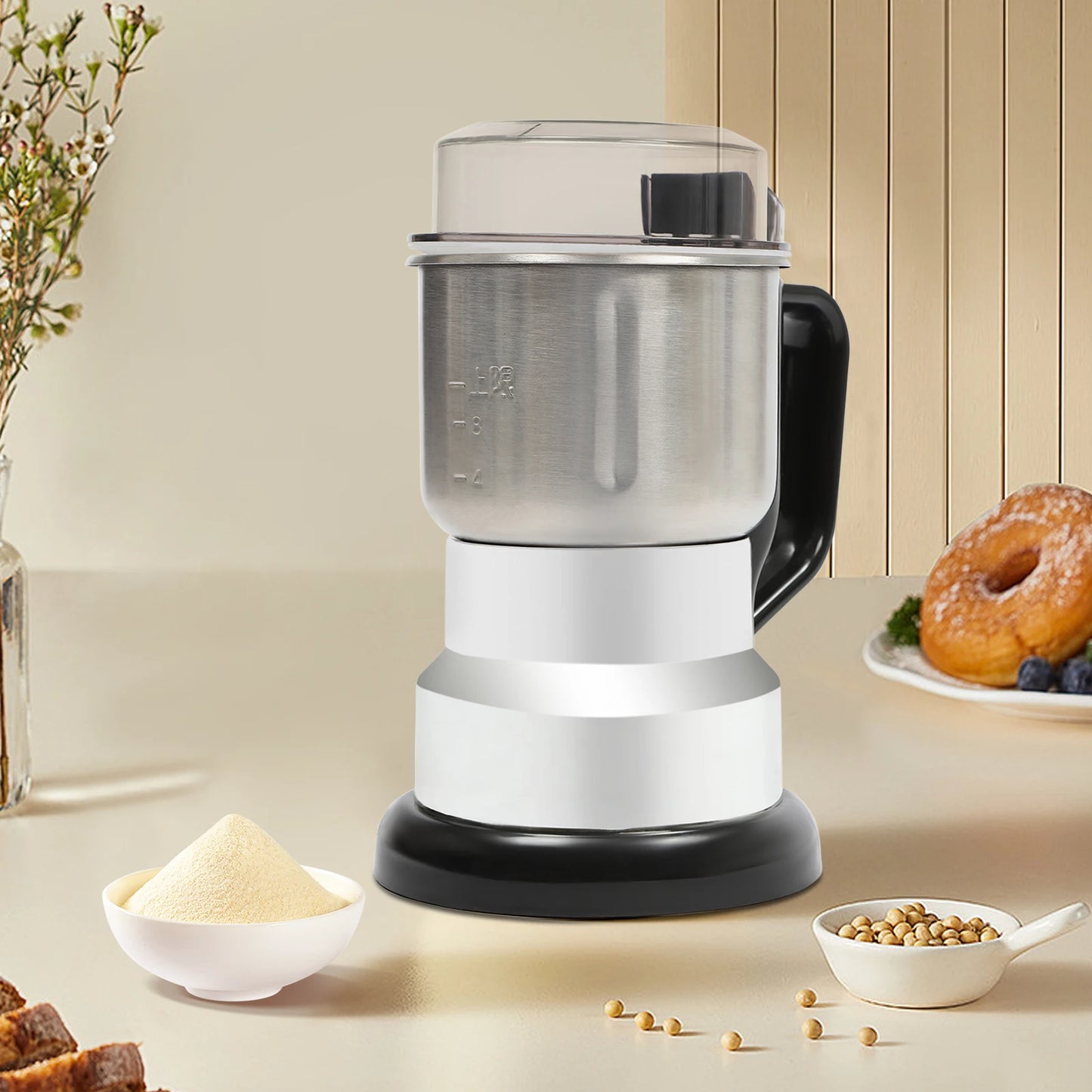 Macinacaffè Elettrico 300W, Macina Cereali e Spezie da 500ml con Cucchiaio e Spazzola, Base Antiscivolo per Casa e Snack Bar