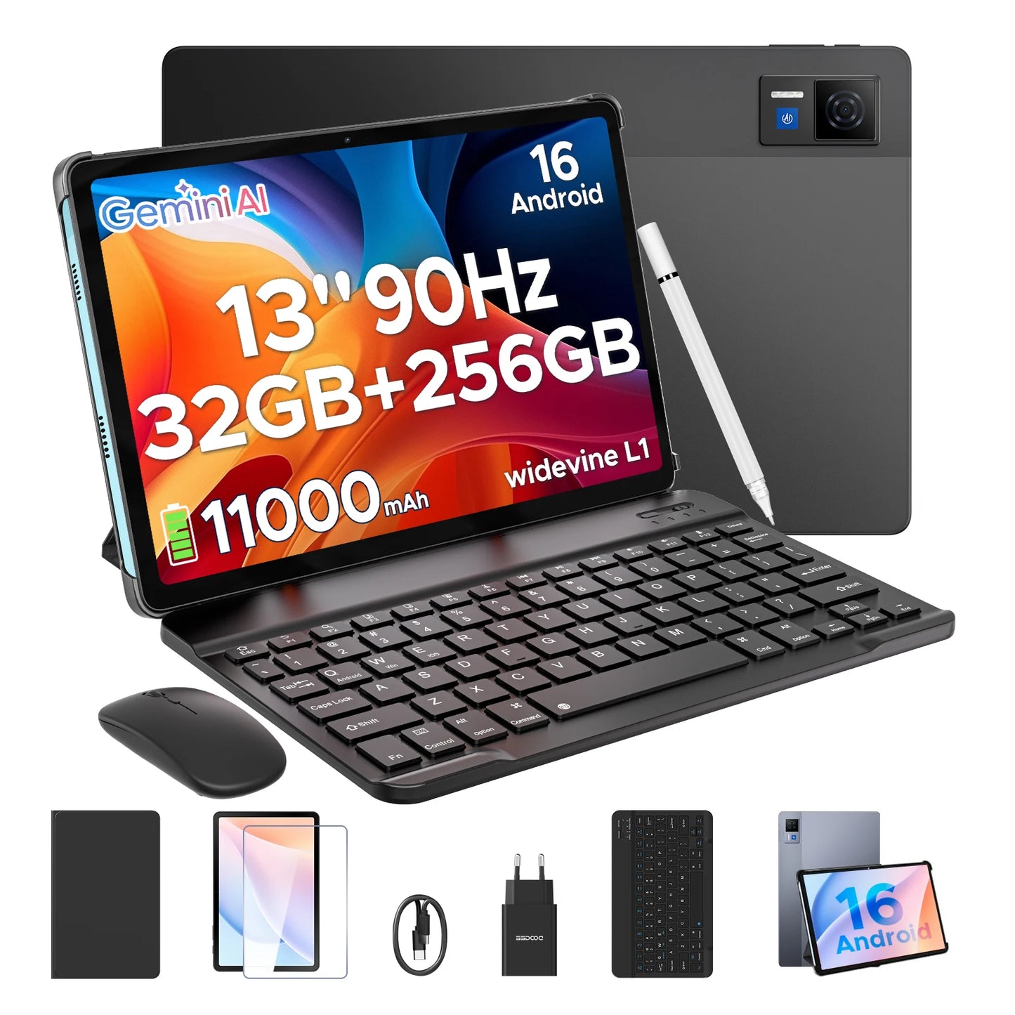 Tablet Android 16 2-in-1 da 13 Pollici - 32GB RAM, 256GB ROM, Gemini AI, Widevine L1
