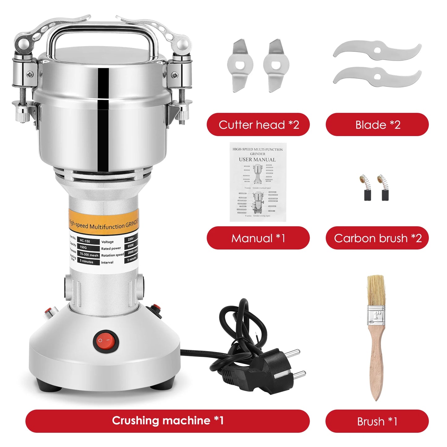 150g Mulino per farina elettrico 220V Grana di erbe Spezie Smerigliatrice per cereali, 28000r/min Smerigliatrice portatile Rettificatrice a 3 lame