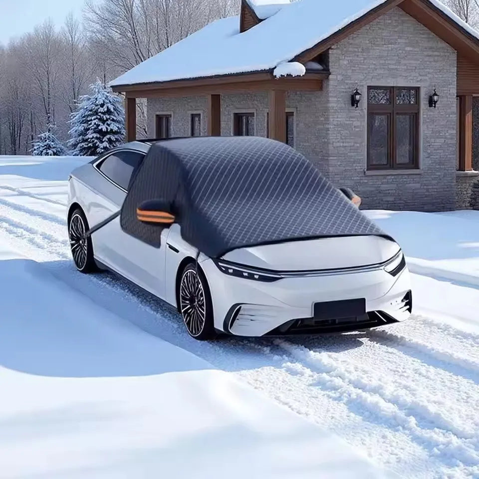 Car Half Cover Snow Shield 5 Magnetic Strips Thickened Waterproof UV Protection Sun Shade with Reflective Strips & Straps Auto E