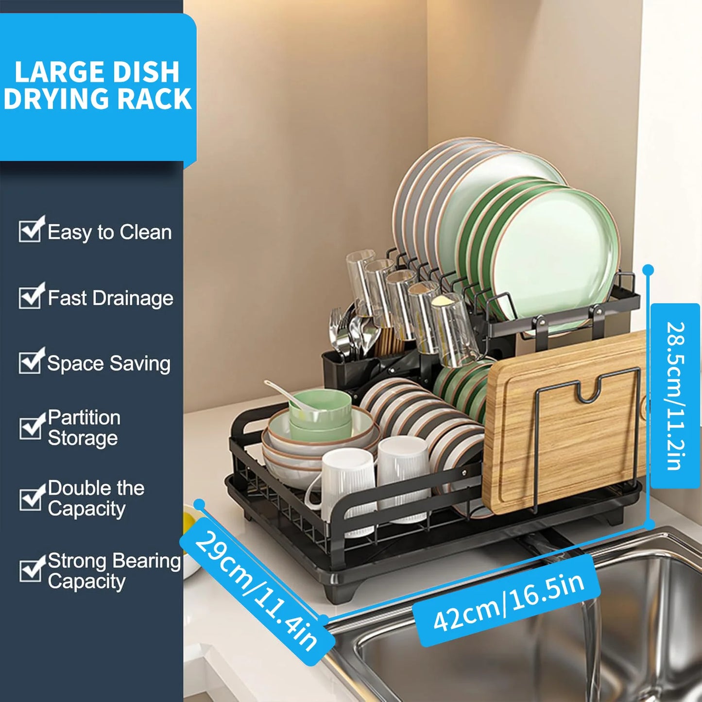Stendino per piatti da cucina a 2 livelli, scolapiatti, scolapiatti, con cestello di scarico, organizer per stoviglie da appoggio